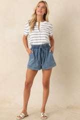 Casual Authority Navy Stripe Knit Button Front Short Sleeve Top