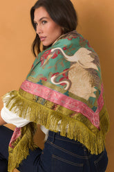 A Rare Bird Teal Multi Crane Print Fringe Shawl