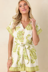 AIYIA Camila Ivory & Green Floral Print Belted Romper