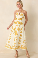 AIYIA Zoey Ivory & Honey Gold Floral Cotton Halter Neck Maxi Dress