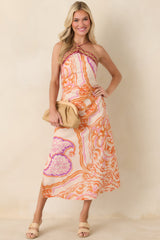AIYIA Orange Multi Ornate Medallion Print Halter Neck Midi Dress