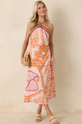 AIYIA Orange Multi Ornate Medallion Print Halter Neck Midi Dress