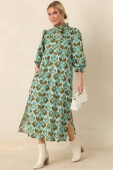 Dream All Day Olive & Aqua Floral Cotton Midi Dress