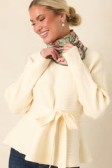 Consider It a Compliment Ecru Tie Waist Mock Neck Sweater