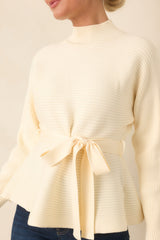 Consider It a Compliment Ecru Tie Waist Mock Neck Sweater