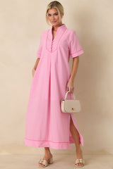Afternoon Plans Pink Gingham Cotton V-Neck Maxi Dress