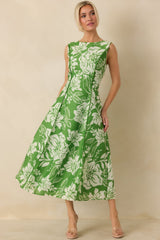 A Beautiful Becoming Green Floral Print Sleeveless Midi Dress