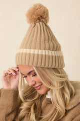Bundle Up, Buttercup Beige Ribbed Knit Pom Beanie
