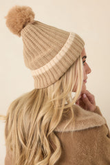 Bundle Up, Buttercup Beige Ribbed Knit Pom Beanie