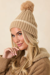 Bundle Up, Buttercup Beige Ribbed Knit Pom Beanie