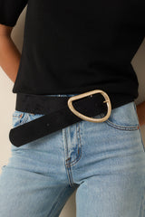 Ahead of the Curve Black Faux Suede Sculptural Buckle Belt