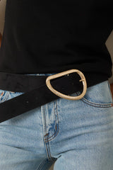 Ahead of the Curve Black Faux Suede Sculptural Buckle Belt
