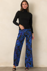 A Whole New Direction Black & Cobalt Floral Satin Wide Leg Pants