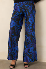 A Whole New Direction Black & Cobalt Floral Satin Wide Leg Pants