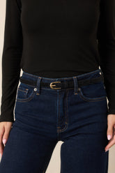 Around the Bend Black Faux Suede Gold Buckle Belt