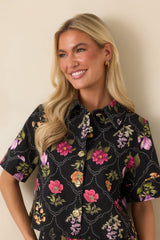 Consider Me Charmed Black Multi Floral Button Front Top