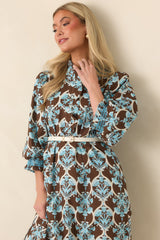 Dream All Day Brown & Blue Floral Cotton Midi Dress
