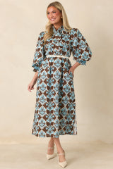 Dream All Day Brown & Blue Floral Cotton Midi Dress