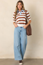 Day By Day Brown Stripe Knit Collared Polo Top