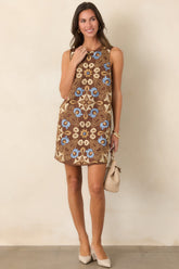 A Fond Memory Brown Multi Floral Embroidered Mini Dress