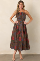A Reason to Stay Chocolate Brown Multi Floral Cotton Strapless Midi Dress