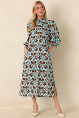 Dream All Day Brown & Blue Floral Cotton Midi Dress