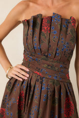 A Reason to Stay Chocolate Brown Multi Floral Cotton Strapless Midi Dress