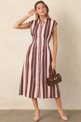 Coffee & Conversation Brown & Pink Stripe Midi Shirt Dress