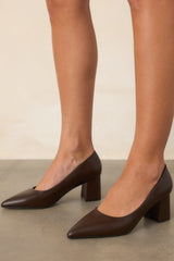 A Step Ahead of You Brown Pointed Toe Block Heel Pumps