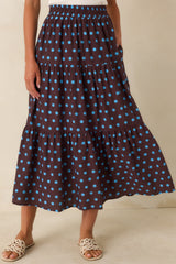 Café Rendezvous Brown & Blue Polka Dot Tiered Maxi Skirt