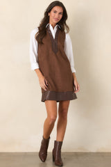 As I Was Saying Brown Faux Suede Contrast Trim Mini Dress