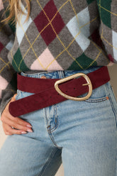 Ahead of the Curve Burgundy Faux Suede Sculptural Buckle Belt