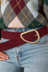 Ahead of the Curve Burgundy Faux Suede Sculptural Buckle Belt