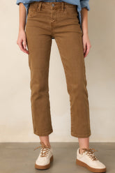 All My Life Camel Brown Cotton Mid Rise Straight Crop Jeans