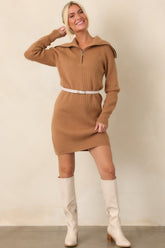 Ease Into It Camel Brown Knit Half-Zip Funnel Collar Longline Sweater Mini Dress
