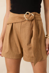 Buckled and Ready Camel Belted Faux Suede Shorts