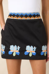 Blooming Boldly Black Multi Embroidered Cotton Mini Skirt