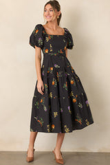 En Saison Kristie Black Multi Fruit Print Cotton Belted Midi Dress