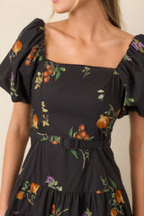 En Saison Kristie Black Multi Fruit Print Cotton Belted Midi Dress