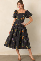 En Saison Kristie Black Multi Fruit Print Cotton Belted Midi Dress