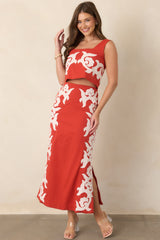 Anna Cate Dillon Bright Red Cotton Appliqué Midi Skirt