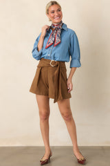 Buckled and Ready Chestnut Belted Faux Suede Shorts