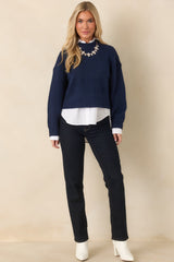 A Change of Pace Navy Cropped Knit Sweater