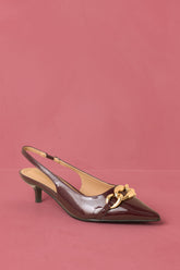 Chain of Events Plum Patent Gold Chain Slingback Kitten Heels