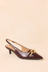 Chain of Events Plum Patent Gold Chain Slingback Kitten Heels