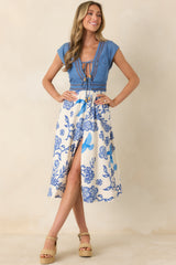 AIYIA Aubrey Ivory & Blue Floral Denim Bodice Midi Dress