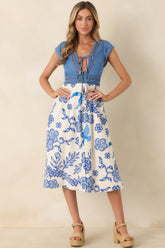 AIYIA Aubrey Ivory & Blue Floral Denim Bodice Midi Dress