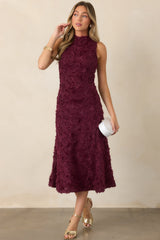 A Night to Remember Wine Red Knit Floral Appliqué Midi Dress