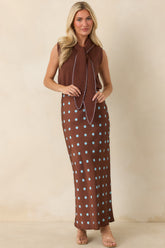 Connect the Dots Chocolate Brown Polka Dot Satin Maxi Skirt