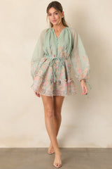 En Saison Katelyn Sage Multi Floral Belted Button Front Mini Dress